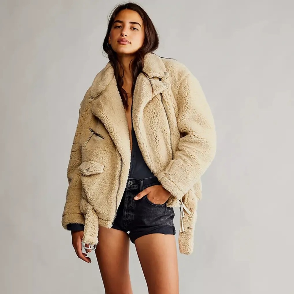 FREE PEOPLE WE THE FREE So Cozy Slouchy Moto Teddy Jacket Beige